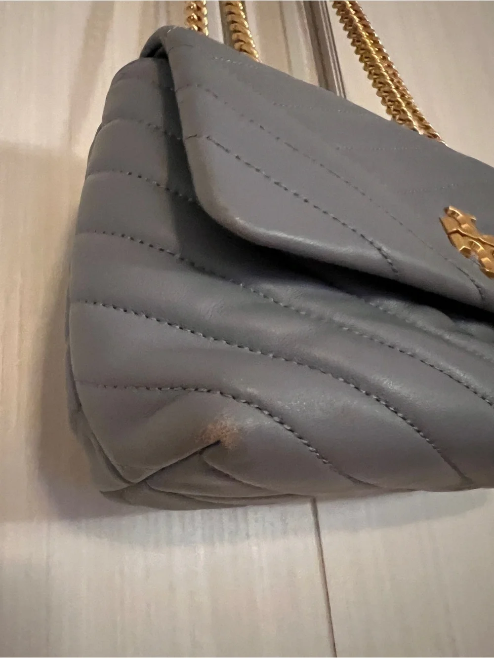 Tory Burch Quilted Light Blue Shoulder Bag with Gold Chain